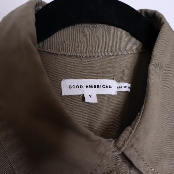GOOD AMERICAN NEW Chambray Button Down Shirt Khaki Long Sleeves Women's 1/US S - Picture 9 of 12